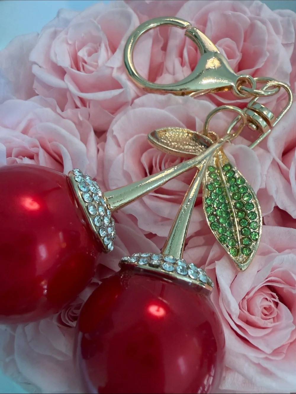 Cherry Keychain Charm in Metallic Red with Gold and Green Accents